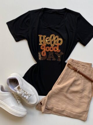 T-shirt Feminina Manga Curta Hello Good Day Preta - Fernanda Ramos Store