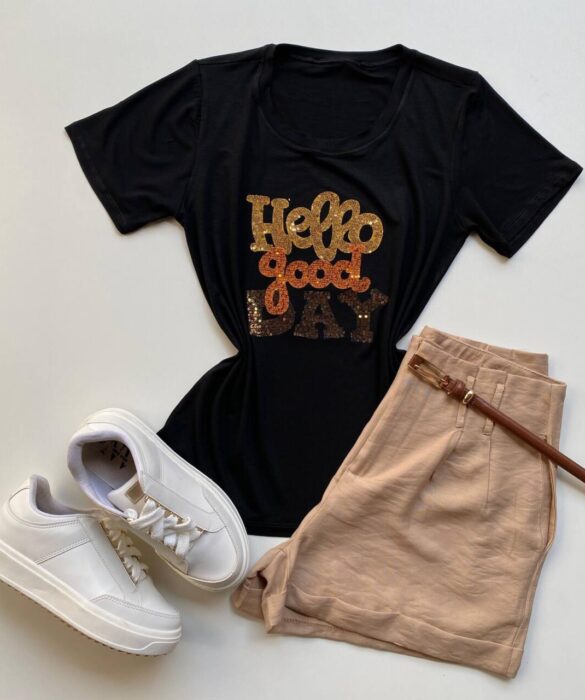 T-shirt Feminina Manga Curta Hello Good Day Preta - Fernanda Ramos Store