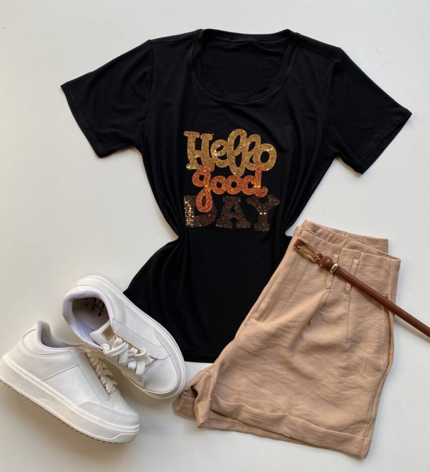 T-shirt Feminina Manga Curta Hello Good Day Preta - Fernanda Ramos Store