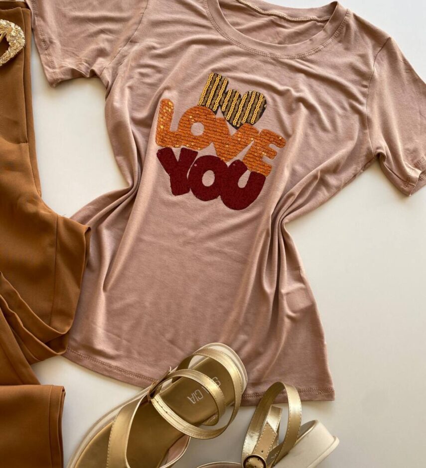 T-shirt Feminina Manga Curta I Love You Bege - Fernanda Ramos Store