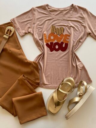 T-shirt Feminina Manga Curta I Love You Bege - Fernanda Ramos Store