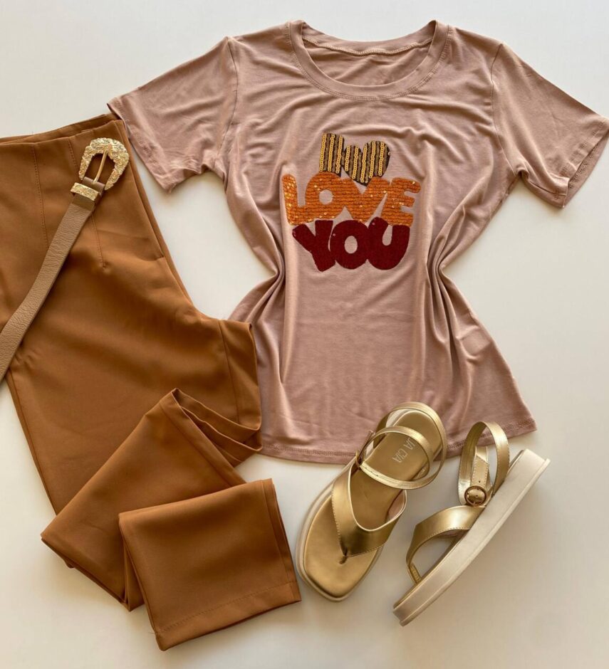 T-shirt Feminina Manga Curta I Love You Bege - Fernanda Ramos Store