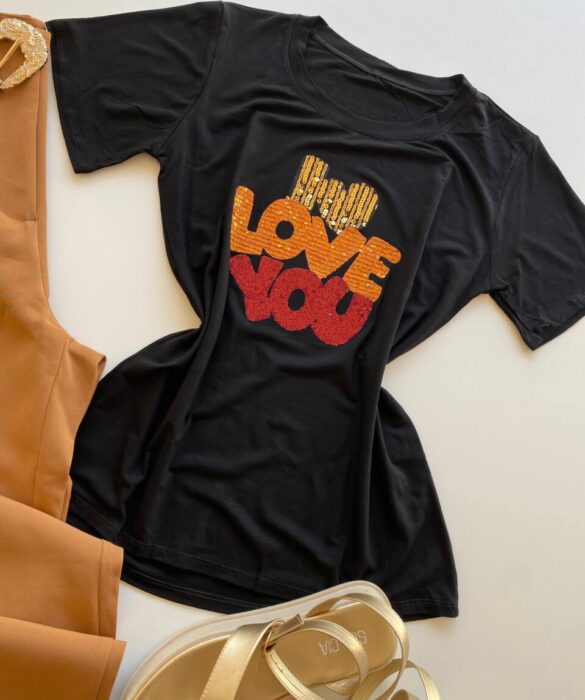 T-shirt Feminina Manga Curta I Love You Preta - Fernanda Ramos Store