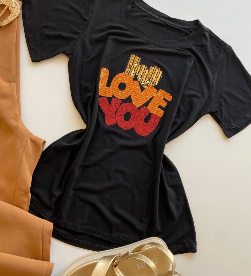 T-shirt Feminina Manga Curta I Love You Preta - Fernanda Ramos Store