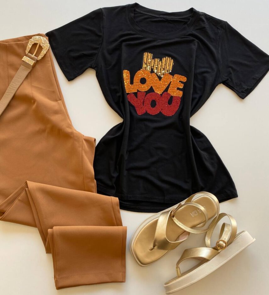 T-shirt Feminina Manga Curta I Love You Preta - Fernanda Ramos Store