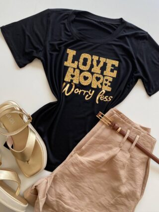 T-shirt Feminina Manga Curta Love More Preta - Fernanda Ramos Store