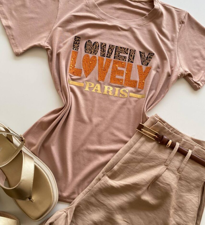 T-shirt Feminina Manga Curta Lovely Bege Escuro - Fernanda Ramos Store