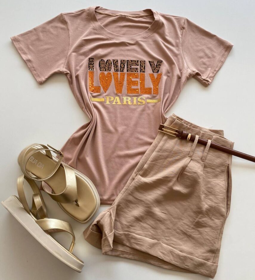 T-shirt Feminina Manga Curta Lovely Bege Escuro - Fernanda Ramos Store