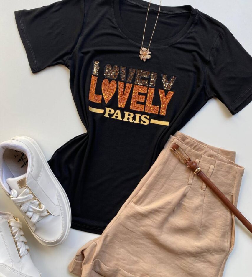 T-shirt Feminina Manga Curta Lovely Preta - Fernanda Ramos Store