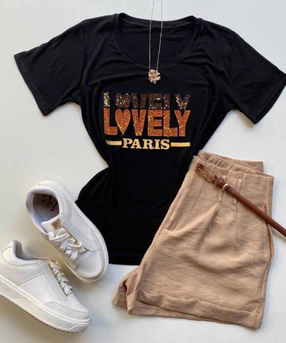 T-shirt Feminina Manga Curta Lovely Preta - Fernanda Ramos Store