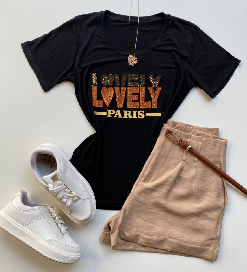 T-shirt Feminina Manga Curta Lovely Preta - Fernanda Ramos Store