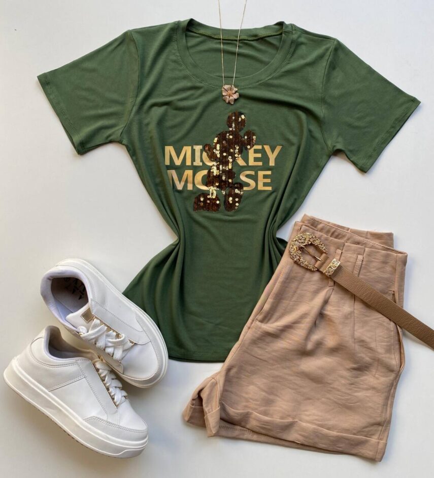 T-shirt Feminina Manga Curta Verde Estampa Mickey - Fernanda Ramos Store