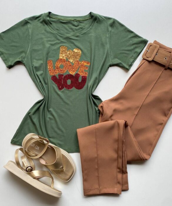 T-shirt Feminina Manga Curta Verde Militar I Love You - Fernanda Ramos Store