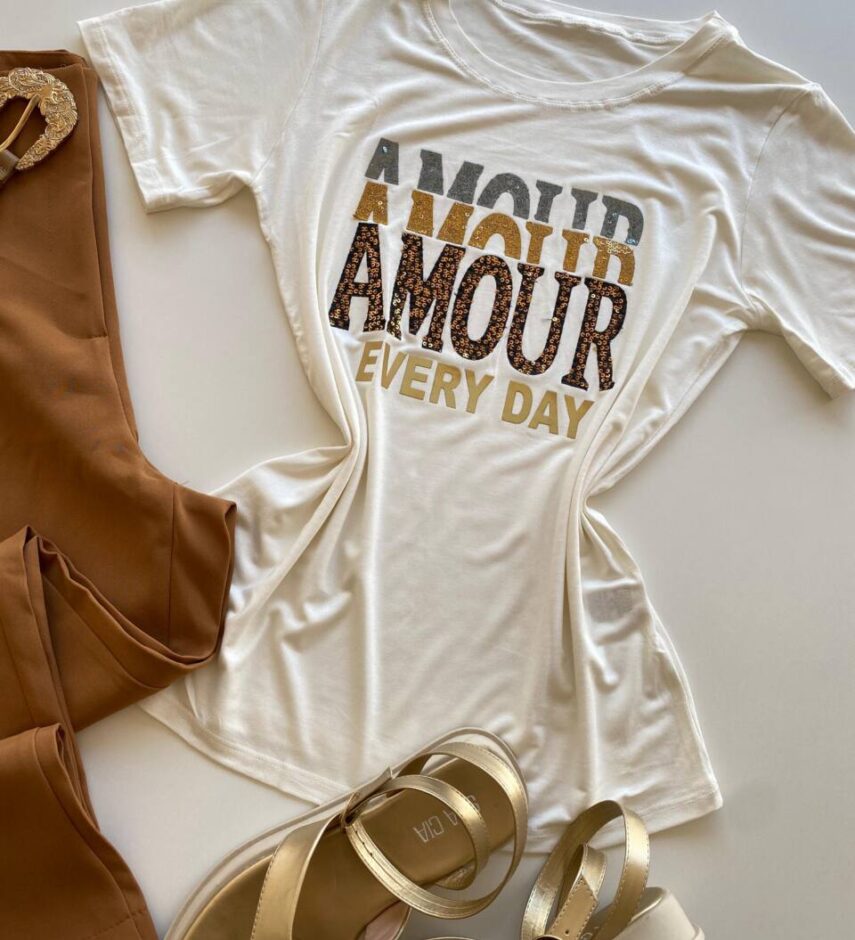 T-shirt Feminina Manga Curta Off White Amour Every Day - Fernanda Ramos Store