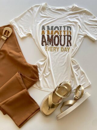 T-shirt Feminina Manga Curta Off White Amour Every Day - Fernanda Ramos Store