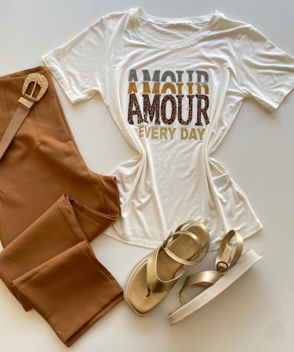 T-shirt Feminina Manga Curta Off White Amour Every Day - Fernanda Ramos Store