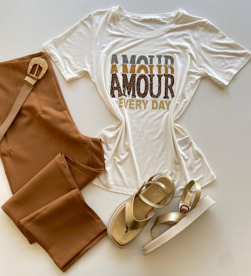 T-shirt Feminina Manga Curta Off White Amour Every Day - Fernanda Ramos Store