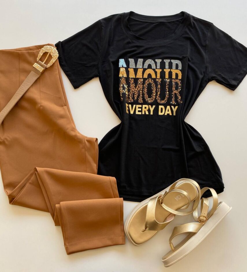 T-shirt Feminina Manga Curta Preta Amour Every Day - Fernanda Ramos Store