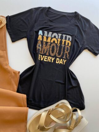 T-shirt Feminina Manga Curta Preta Amour Every Day - Fernanda Ramos Store