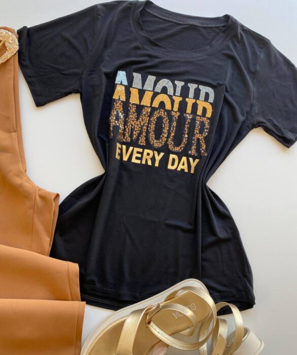 T-shirt Feminina Manga Curta Preta Amour Every Day - Fernanda Ramos Store