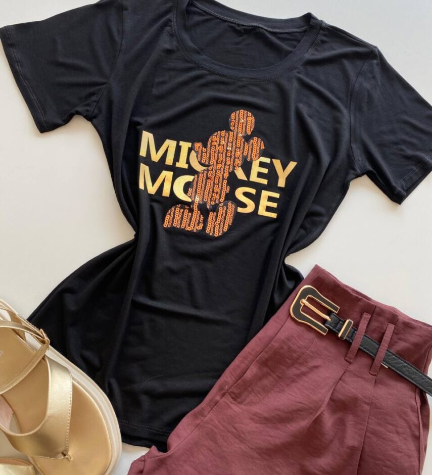 T-shirt Feminina Manga Curta Preta Estampa Mickey - Fernanda Ramos Store