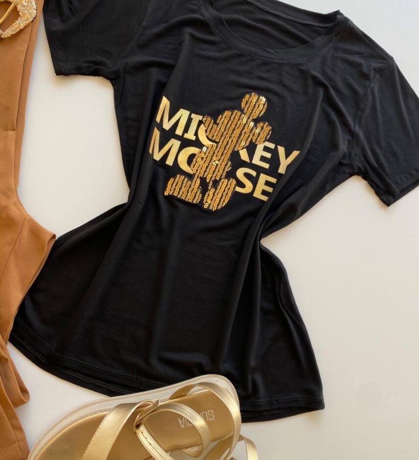 T-shirt Feminina Manga Curta Preta Estampada Mickey - Fernanda Ramos Store