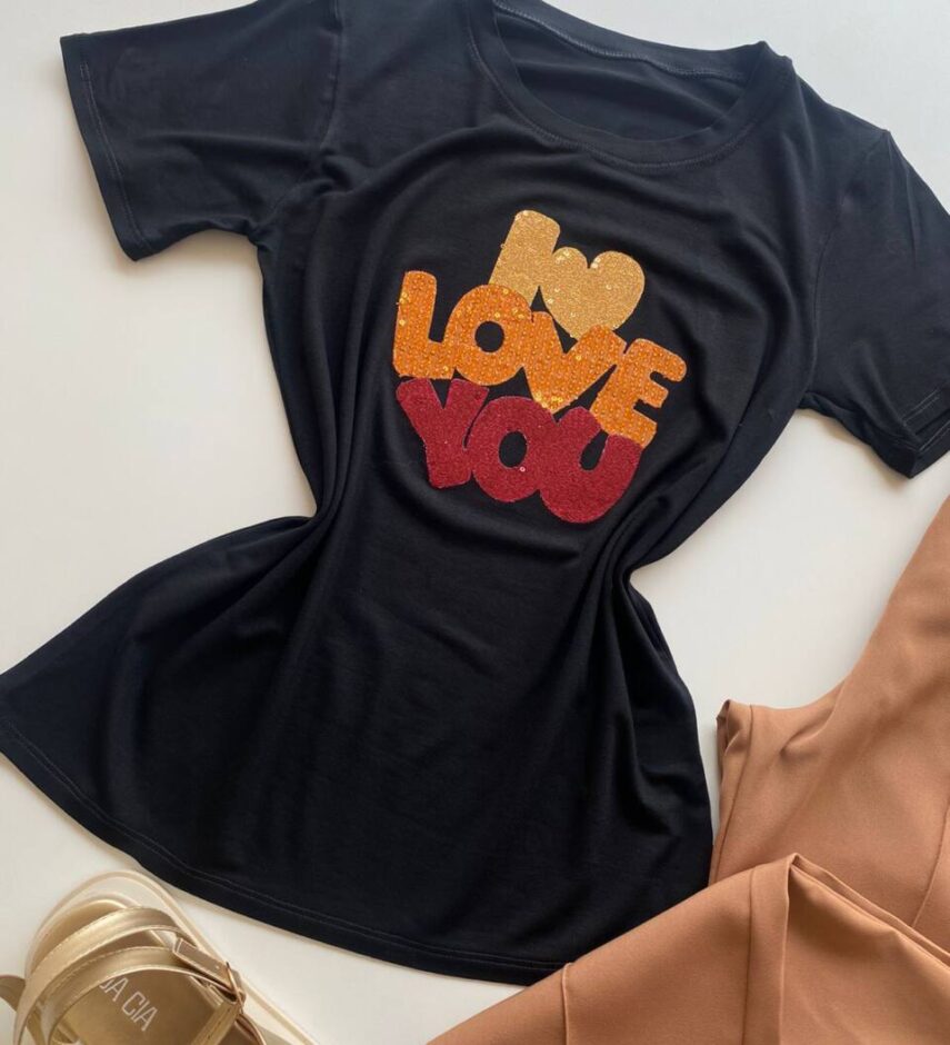 T-shirt Feminina Manga Curta Preta I Love You - Fernanda Ramos Store
