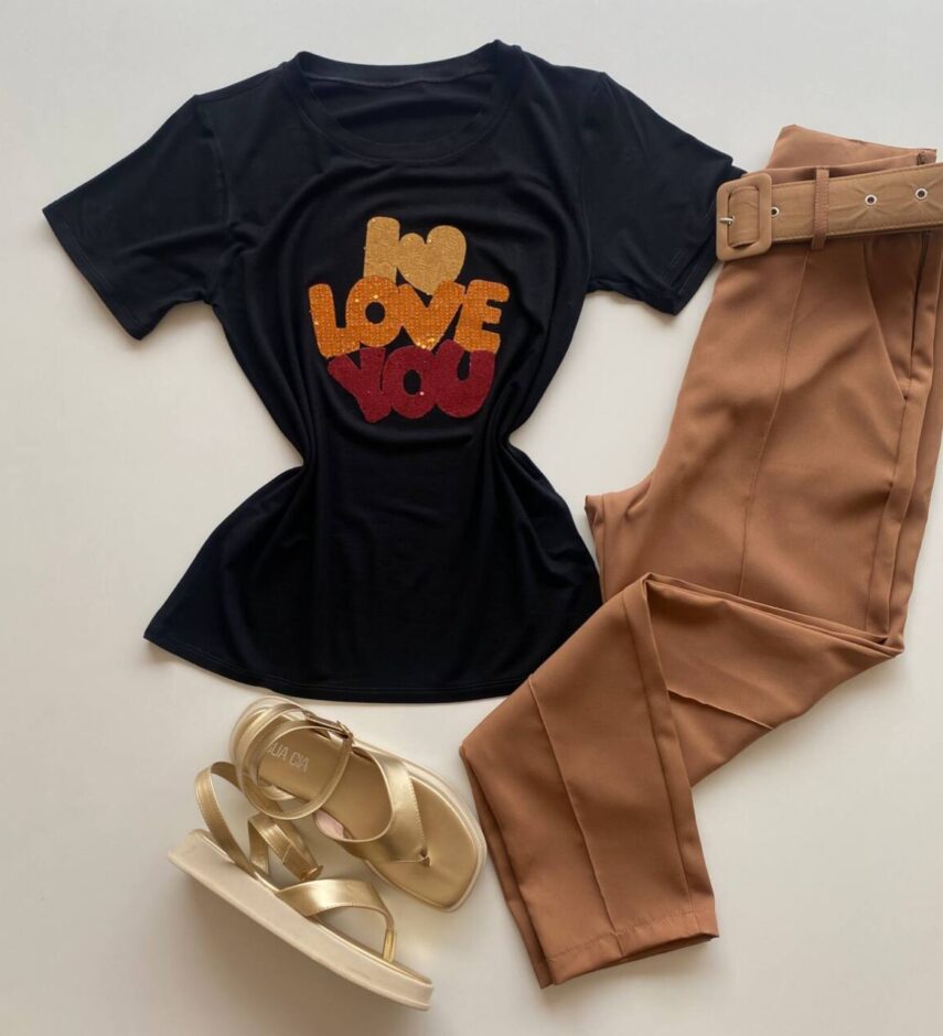T-shirt Feminina Manga Curta Preta I Love You - Fernanda Ramos Store