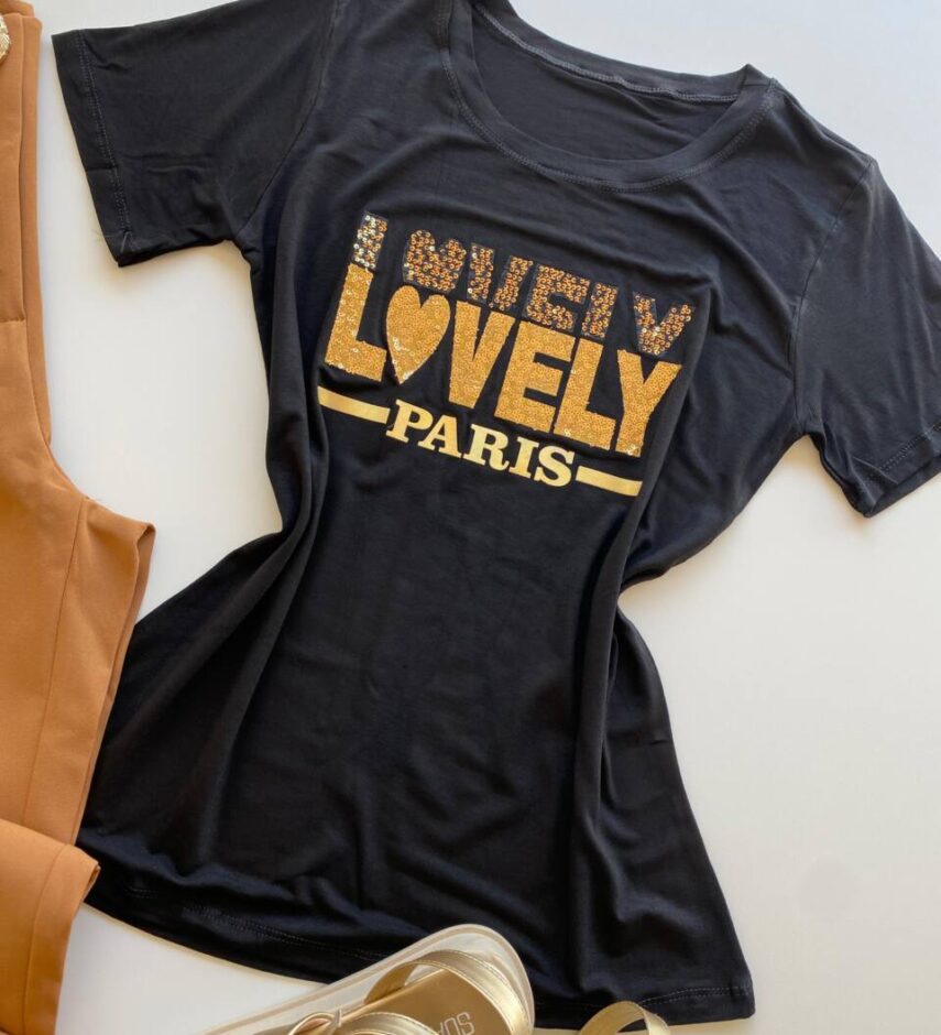 T-shirt Feminina Manga Curta Preta Lovely - Fernanda Ramos Store