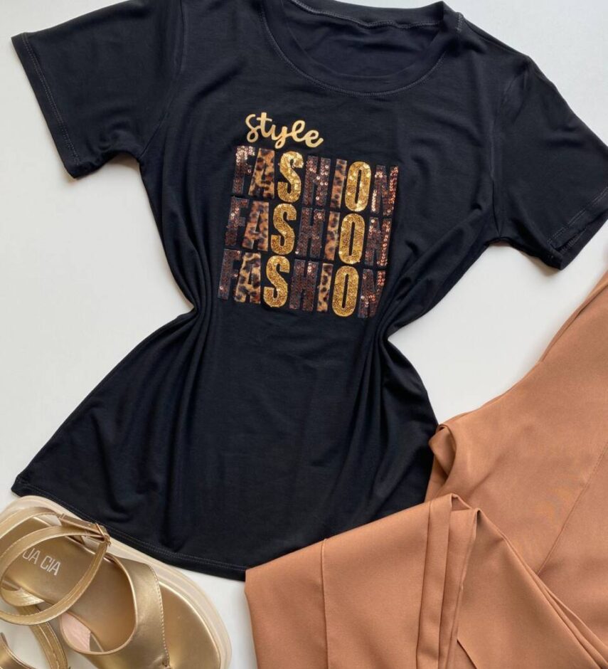 T-shirt Feminina Manga Curta Preta Style Fashion - Fernanda Ramos Store