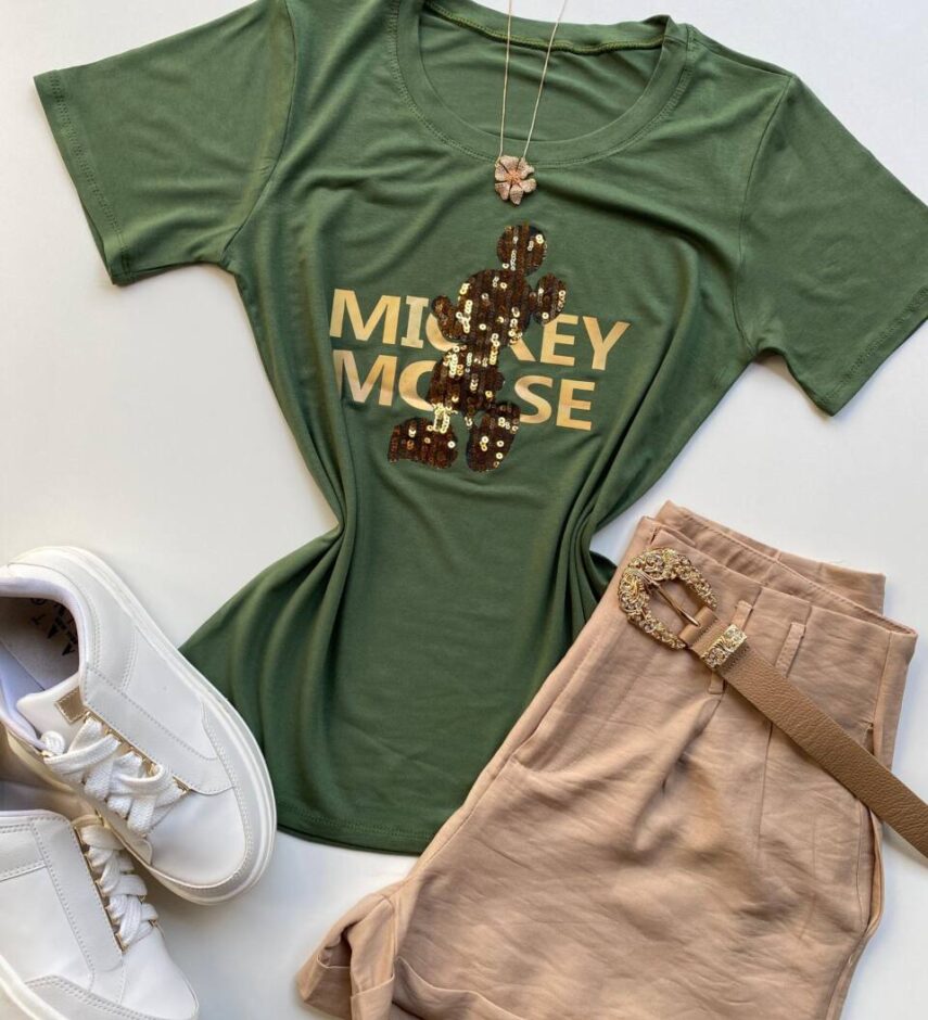 T-shirt Feminina Manga Curta Verde Estampa Mickey - Fernanda Ramos Store