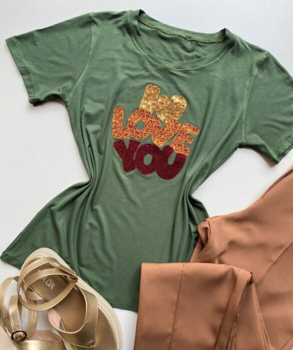 T-shirt Feminina Manga Curta Verde Militar I Love You - Fernanda Ramos Store