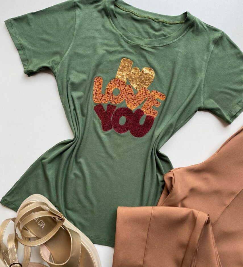 T-shirt Feminina Manga Curta Verde Militar I Love You - Fernanda Ramos Store