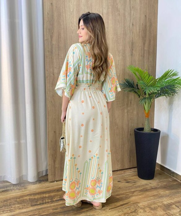 Vestido Longo Ana sem Bojo Manga 3/4 com Lastex Estampado Cru - Fernanda Ramos Store