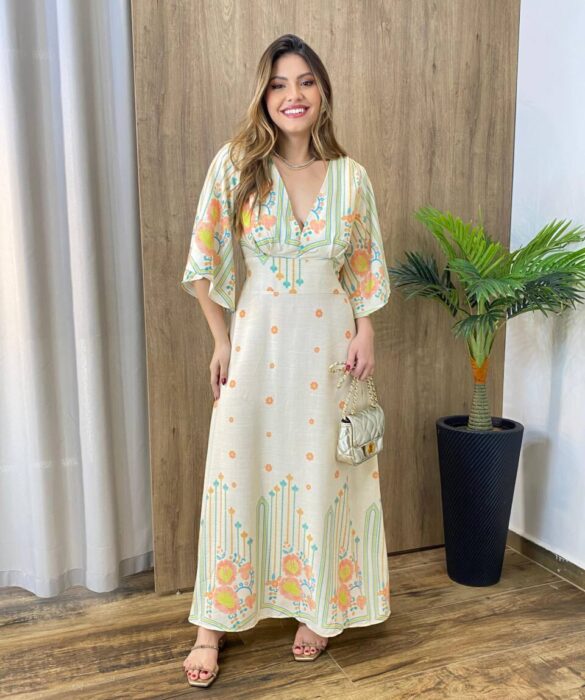 Vestido Longo Ana sem Bojo Manga 3/4 com Lastex Estampado Cru - Fernanda Ramos Store