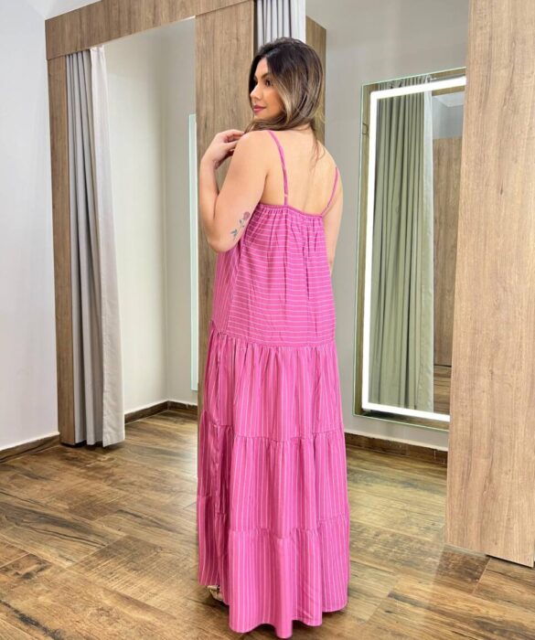 Vestido Longo Ayla sem Bojo Alça Regulável Rosa Listrado - Fernanda Ramos Store