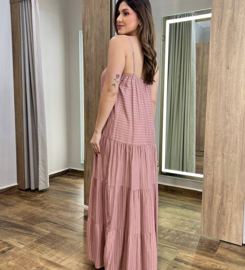 Vestido Longo Ayla sem Bojo Alça Regulável Rosé Listrado - Fernanda Ramos Store