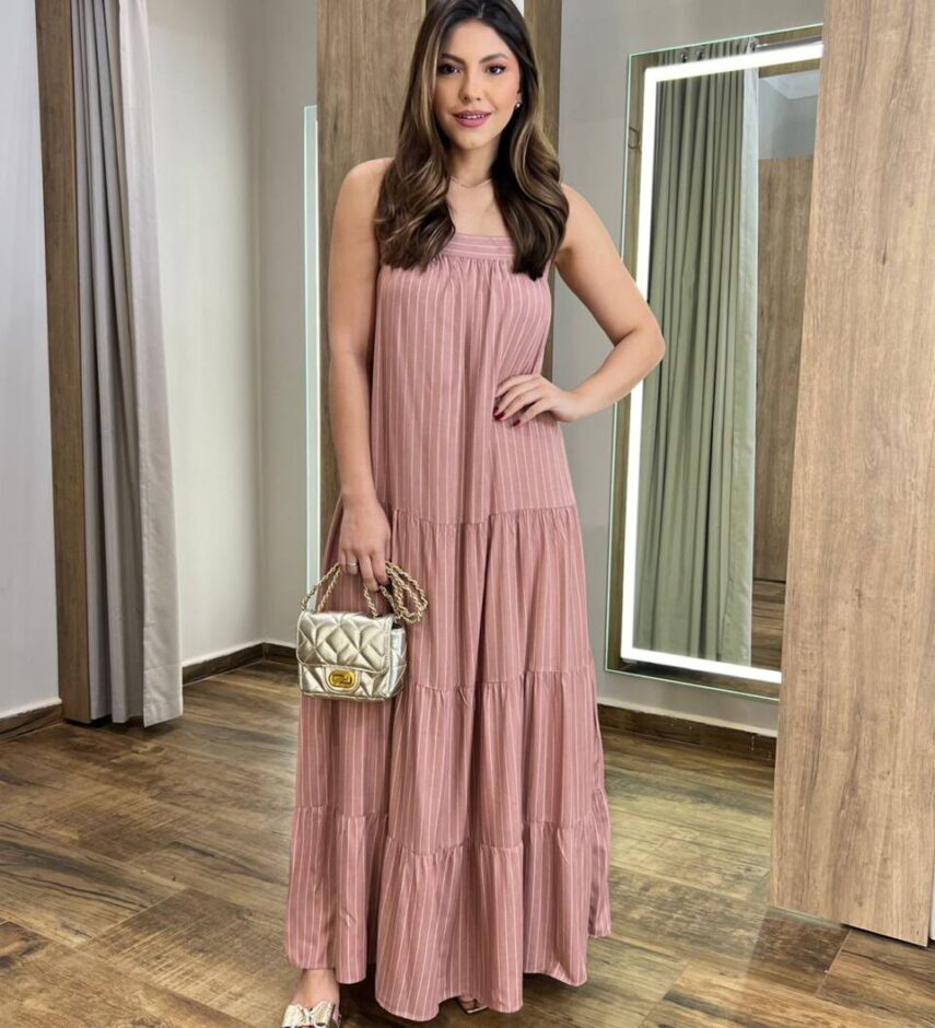 Vestido Longo Ayla sem Bojo Alça Regulável Rosé Listrado - Fernanda Ramos Store