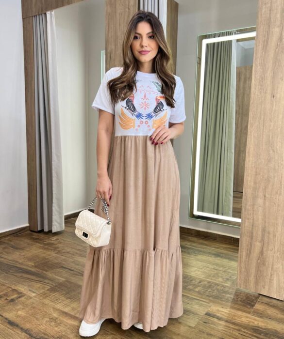 Vestido Longo Betina sem Bojo Manga Curta Bege Estampado - Fernanda Ramos Store