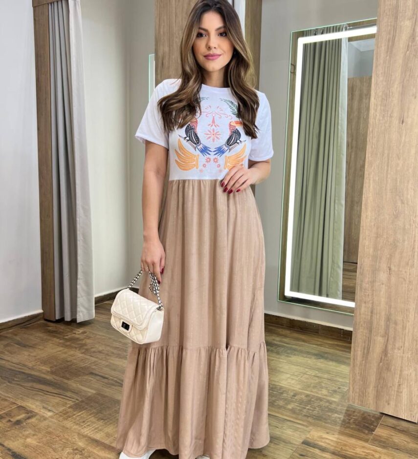 Vestido Longo Betina sem Bojo Manga Curta Bege Estampado - Fernanda Ramos Store