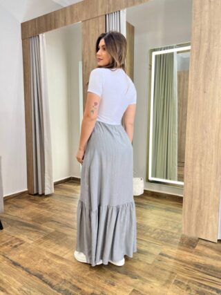 Vestido Longo Betina sem Bojo Manga Curta Cinza Estampa Floral - Fernanda Ramos Store