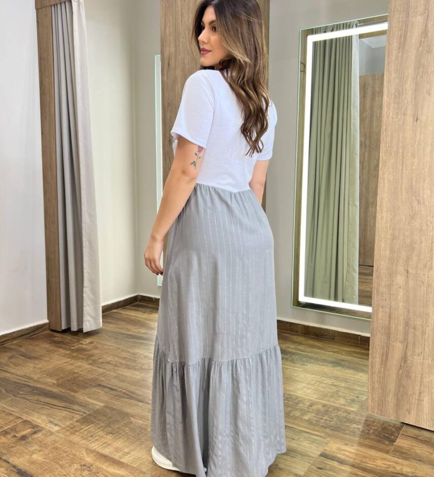 Vestido Longo Betina sem Bojo Manga Curta Cinza Estampado - Fernanda Ramos Store