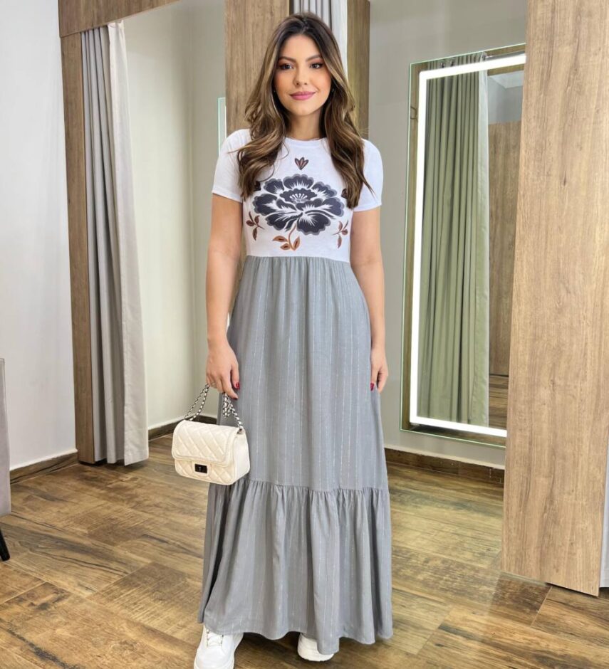 Vestido Longo Betina sem Bojo Manga Curta Cinza Estampa Floral - Fernanda Ramos Store