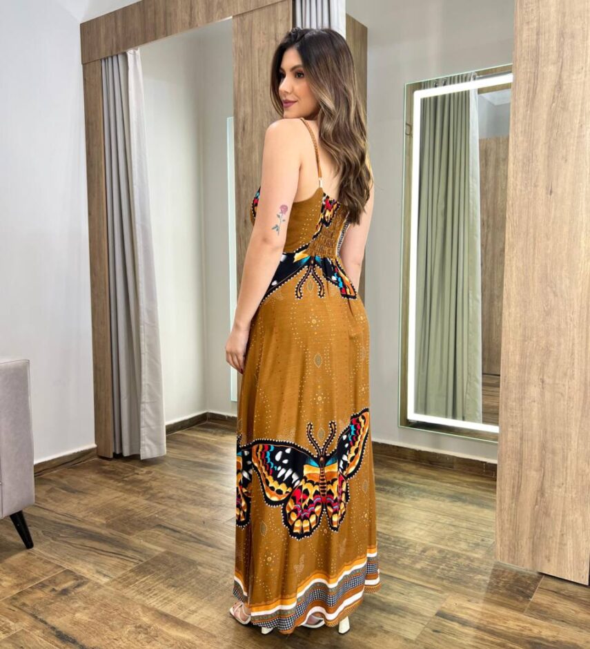 Vestido Longo Emilly sem Bojo com Lastex Caramelo Estampado - Fernanda Ramos Store
