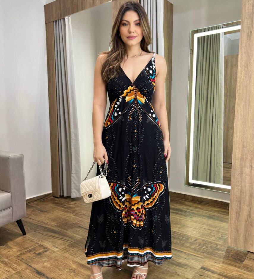 Vestido Longo Emilly sem Bojo com Lastex Preto Estampado - Fernanda Ramos Store