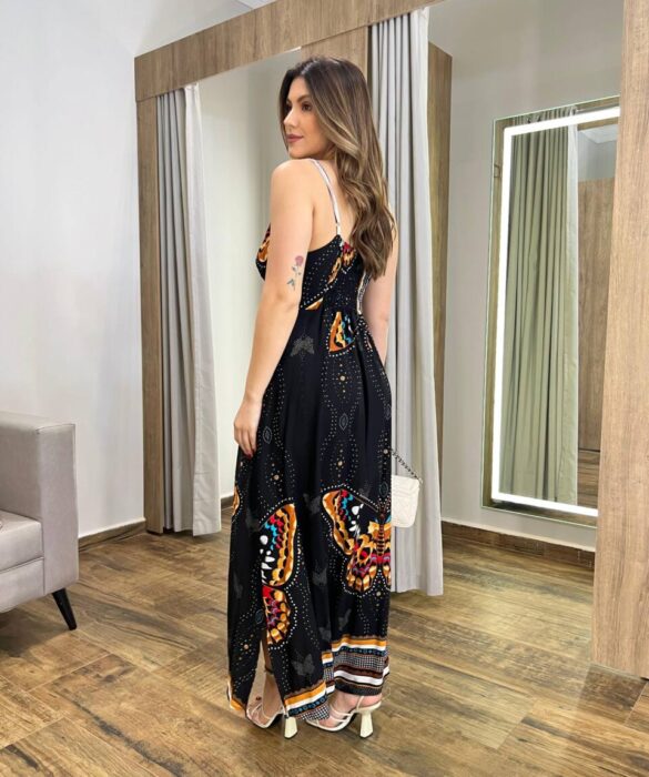 Vestido Longo Emilly sem Bojo com Lastex Preto Estampado - Fernanda Ramos Store