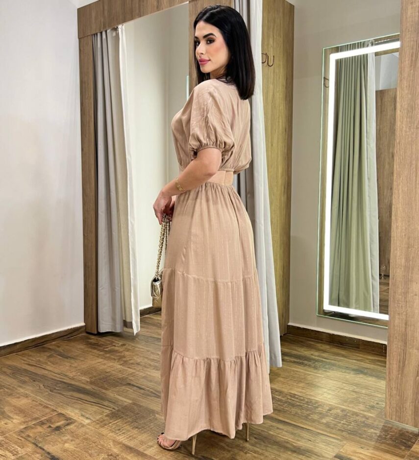 Vestido Longo Melina sem Bojo Manga Curta Bege com Fenda - Fernanda Ramos Store