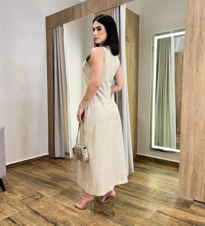 Vestido Longo Nicole Viscolinho sem Bojo Cru com Fenda Frontal - Fernanda Ramos Store