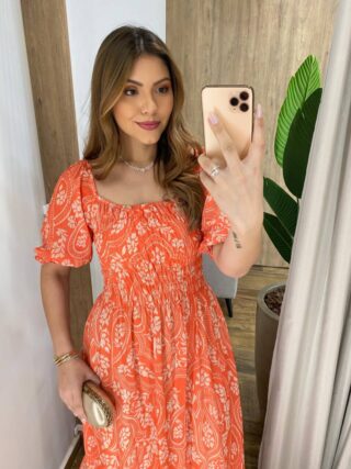 Vestido Longo sem Bojo Lavínia com Lastex Estampado Laranja - Fernanda Ramos Store