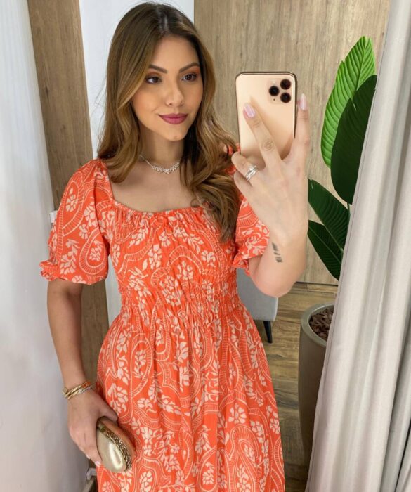 Vestido Longo sem Bojo Lavínia com Lastex Estampado Laranja - Fernanda Ramos Store